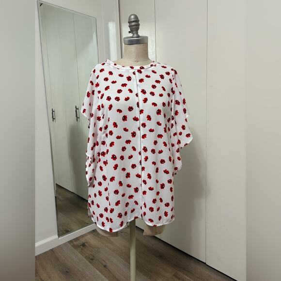 Worthington Women's White and Red Floral Short Sleeve Relaxed Fit Blouse XL - Picture 1 of 6